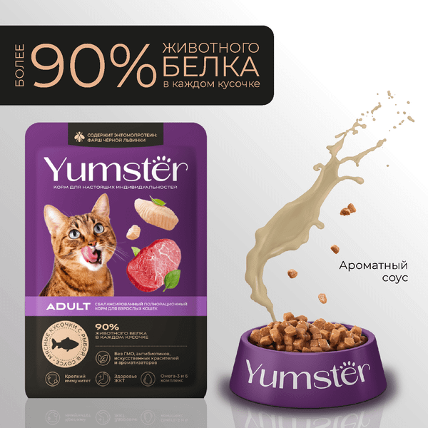 Изображение товара Влажный корм для кошек Yumster Adult С рыбой в соусе (85г)