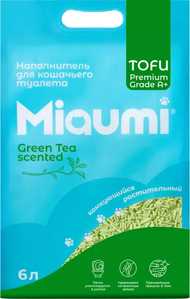 Изображение товара Наполнитель для туалета Miaumi Tofu комкующийся с ароматом зеленого чая (6л)