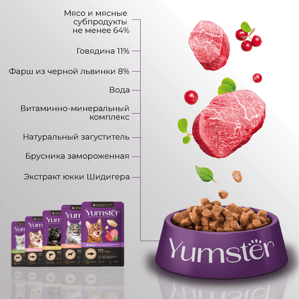 Изображение товара Влажный корм для кошек Yumster Sterilized С говядиной и брусникой в соусе (85г)