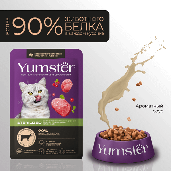 Изображение товара Влажный корм для кошек Yumster Sterilized С говядиной и брусникой в соусе (85г)