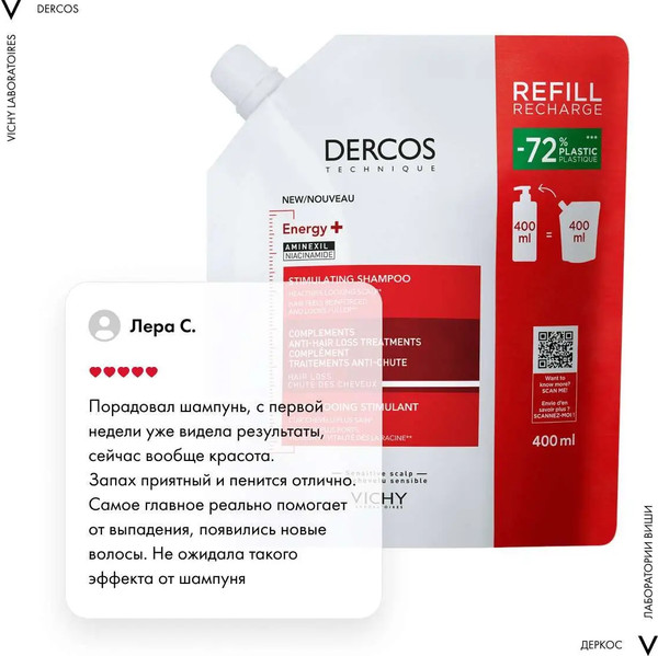 Изображение товара Шампунь для волос Vichy Dercos против выпадения волос тонизирующий. Сменный блок (400мл)