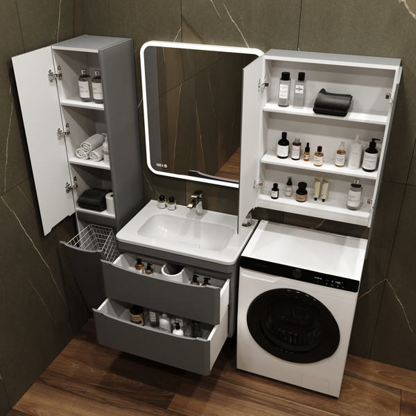 Изображение товара Тумба с умывальником Symbolite Бергамо мини 70 Люкс Plus 2 ящика + Каре Люкс Мини 70х35 (подвесная, серый)