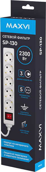 Изображение товара Сетевой фильтр Maxvi SP-130 (3м, белый)