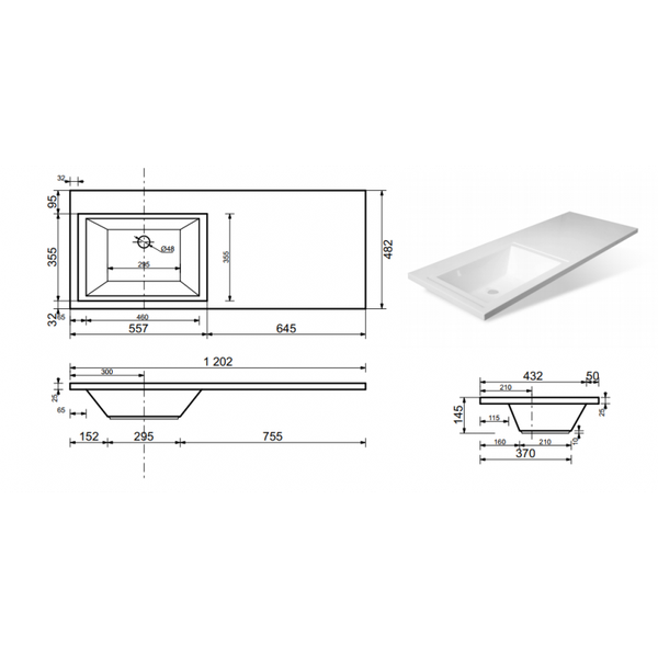 Изображение товара Тумба с умывальником Symbolite Даллас 120 Люкс Plus + Estetus Даллас 120x48 (подвесная, правый, белый)