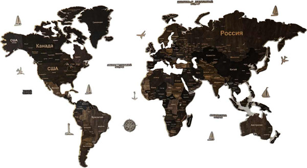 Изображение товара Декор настенный Woodary Карта мира многоуровневая XL. С подложкой и подсветкой / 31490 (венге)