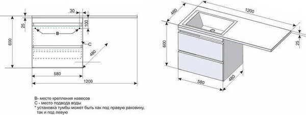 Изображение товара Тумба с умывальником Symbolite Даллас 120 Люкс Plus + Даллас 120x48 (подвесная, правый, эмаль белый)