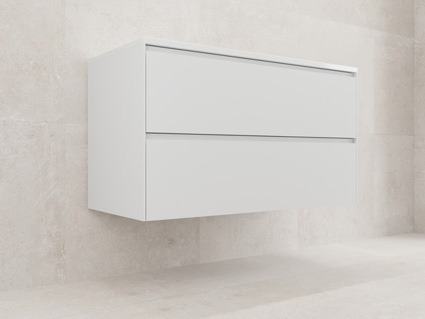Изображение товара Тумба с умывальником Symbolite Лима 100 Line Plus 2 ящика + Line 100x48 (подвесная, белый матовый/жасмин)