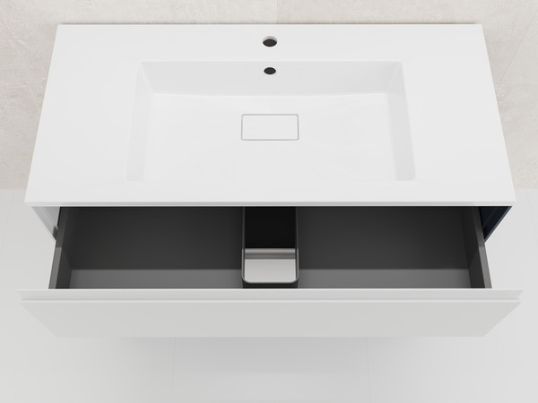 Изображение товара Тумба с умывальником Symbolite Лима 100 Line Plus 2 ящика + Line 100x48 (подвесная, белый матовый/жасмин)