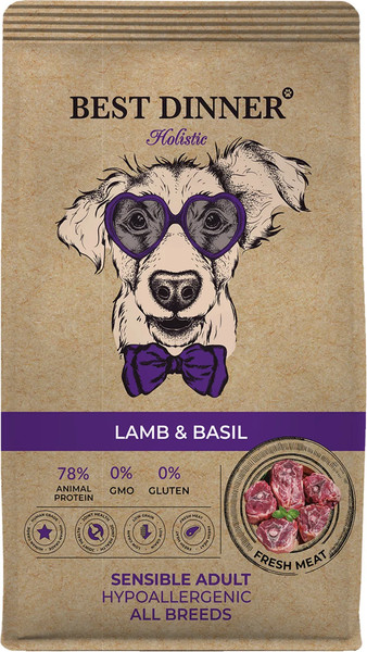 Изображение товара Сухой корм для собак Best Dinner Holistic Adult Sensible Hypoallergenic Medium&Maxi Lamb&Basil (3кг)
