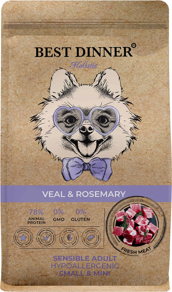 Изображение товара Сухой корм для собак Best Dinner Holistic Adult Sensible Hypoallergenic Small&Mini Veal&Rosemar (10кг)