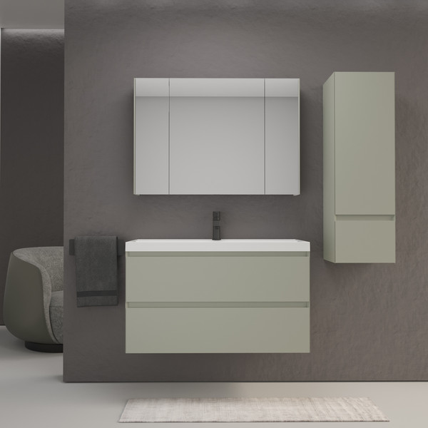 Изображение товара Тумба с умывальником Symbolite Манхэттен 100 Plus 2 ящика + Asti 100x45 (подвесная, олива/жасмин)