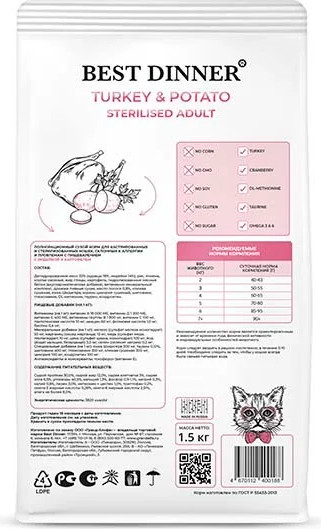 Изображение товара Сухой корм для кошек Best Dinner Adult Sterilised Turkey & Potato (1.5кг)