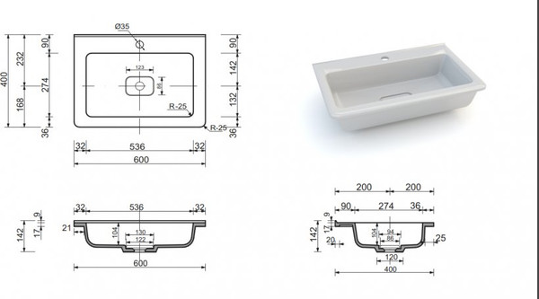 Изображение товара Тумба с умывальником Symbolite Марелла 60 Люкс Plus 2 ящика + Марелла Люкс 60х40 (подвесная, серый)
