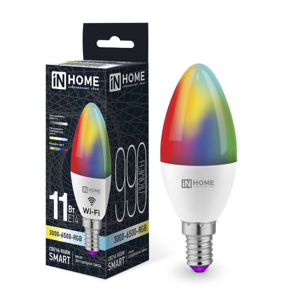 Изображение товара Лампа INhome LED-СВЕЧА-RGBW-SMART 11Вт 230В Wi-Fi Е14 RGB-3000-6500К 990Лм (4690612050041)