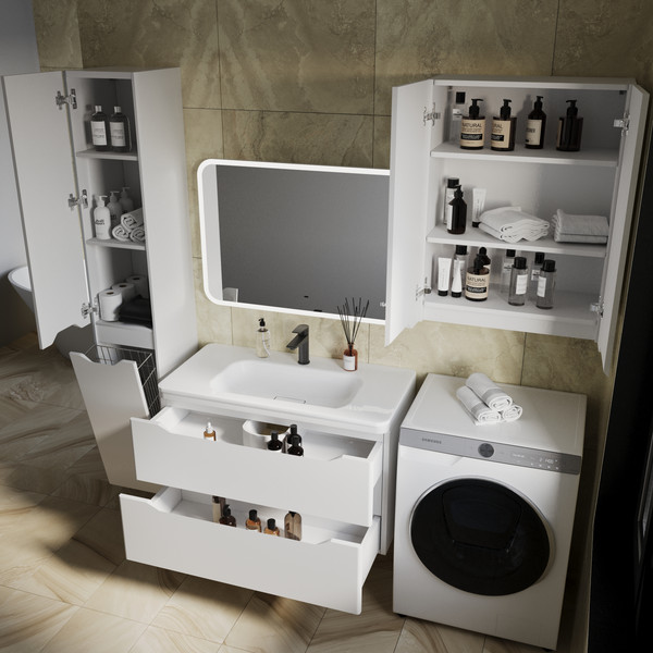 Изображение товара Тумба с умывальником Symbolite Марелла 90 Люкс Plus 2 ящика + Марелла Люкс 90х40 (подвесная, белый матовый)