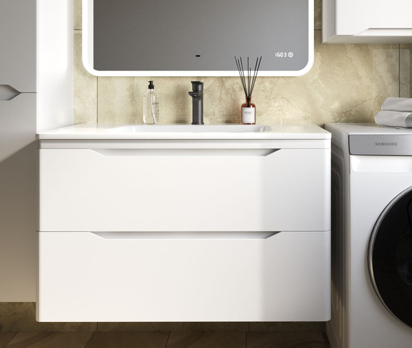 Изображение товара Тумба с умывальником Symbolite Марелла 90 Люкс Plus 2 ящика + Марелла Люкс 90х40 (подвесная, белый матовый)