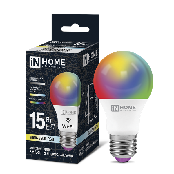 Изображение товара Лампа INhome LED-A60-RGBW-SMART 15Вт 230В Wi-Fi Е27 RGB-3000-6500К 1450Лм (4690612050034)