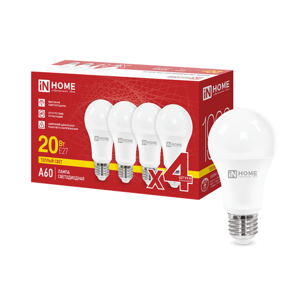 Изображение товара Лампа INhome LED-A60-VC 20Вт 230В Е27 3000К 1900Лм / 4690612063058 (4шт)