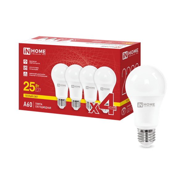 Изображение товара Лампа INhome LED-A60-VC 25Вт 230В Е27 3000К 2380Лм / 4690612063065 (4шт)