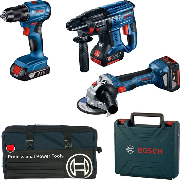 Изображение товара Набор профессионального электроинструмента Bosch GSR 185-LI+GWS 180-LI+GBH 180-LI 2 x GBA 18V 4 / 0.615.990.N1Y