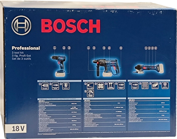 Изображение товара Набор профессионального электроинструмента Bosch GSR 185-LI+GWS 180-LI+GBH 180-LI 2 x GBA 18V 4 / 0.615.990.N1Y