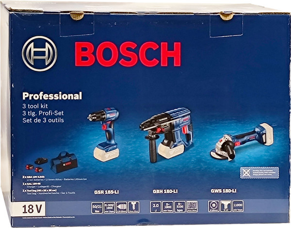 Изображение товара Набор профессионального электроинструмента Bosch GSR 185-LI+GWS 180-LI+GBH 180-LI 2 x GBA 18V 4 / 0.615.990.N1Y