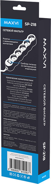 Изображение товара Сетевой фильтр Maxvi SP-218 (1,8м, белый)