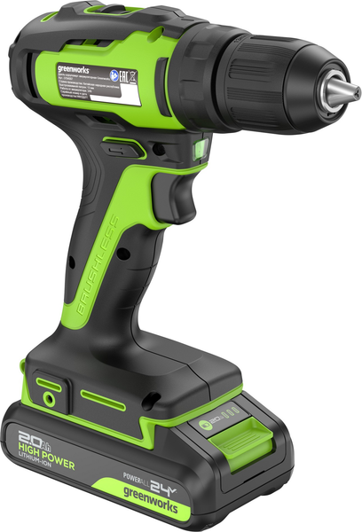 Изображение товара Аккумуляторная дрель-шуруповерт Greenworks GD24DD35 бесщеточная 24V / 3704007CUA (с АКБ 2Ач и ЗУ)