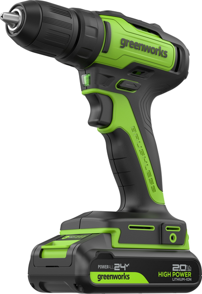 Изображение товара Аккумуляторная дрель-шуруповерт Greenworks GD24DD35 бесщеточная 24V / 3704007CUC (с 2-мя АКБ 2Ач и ЗУ)
