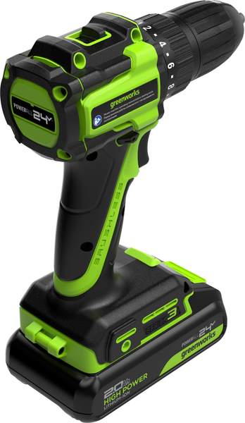 Изображение товара Аккумуляторная дрель-шуруповерт Greenworks DD345 бесщеточная 24V / 3708307CUA (с АКБ 2Ач и ЗУ)