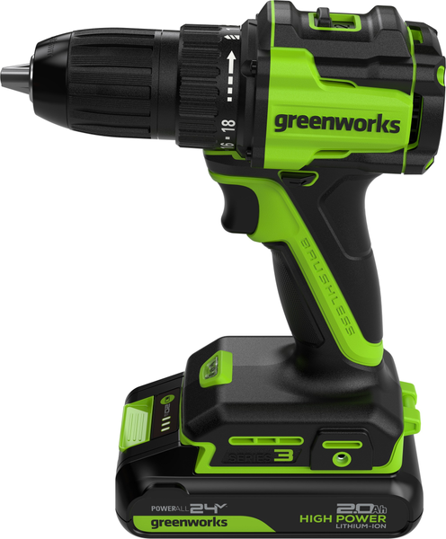 Изображение товара Аккумуляторная дрель-шуруповерт Greenworks DD345 бесщеточная 24V / 3708307CUA (с АКБ 2Ач и ЗУ)