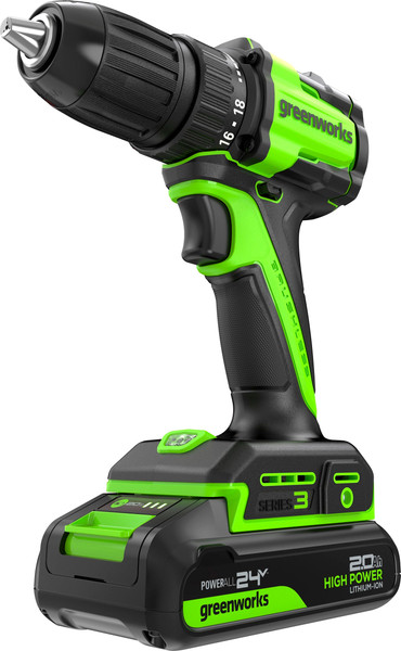 Изображение товара Аккумуляторная дрель-шуруповерт Greenworks DD345 бесщеточная 24V / 3708307CUA (с АКБ 2Ач и ЗУ)