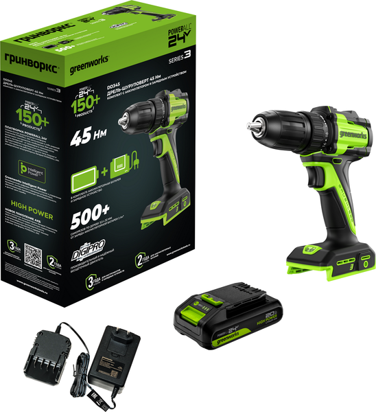 Изображение товара Аккумуляторная дрель-шуруповерт Greenworks DD345 бесщеточная 24V / 3708307CUA (с АКБ 2Ач и ЗУ)