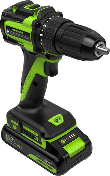 Изображение товара Аккумуляторная дрель-шуруповерт Greenworks DD345 бесщеточная 24V / 3708307CUA (с АКБ 2Ач и ЗУ)