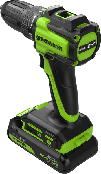 Изображение товара Аккумуляторная дрель-шуруповерт Greenworks DD345 бесщеточная 24V / 3708307CUA (с АКБ 2Ач и ЗУ)