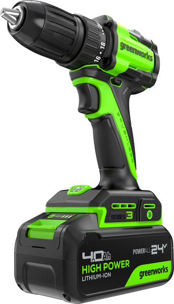 Изображение товара Аккумуляторная дрель-шуруповерт Greenworks DD345 бесщеточная 24V / 3708307CUB (с АКБ 4Ач и ЗУ)
