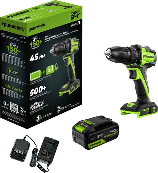 Изображение товара Аккумуляторная дрель-шуруповерт Greenworks DD345 бесщеточная 24V / 3708307CUB (с АКБ 4Ач и ЗУ)