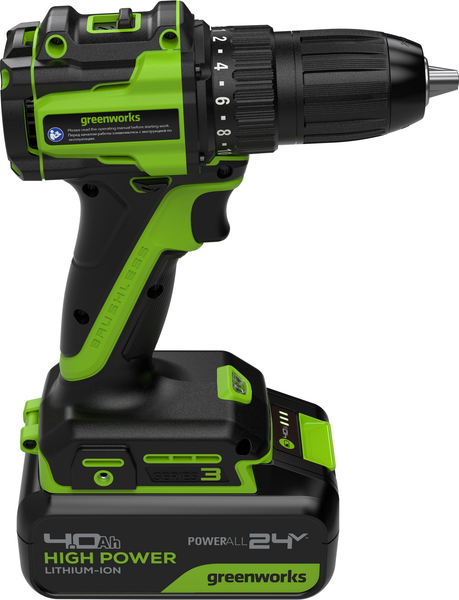 Изображение товара Аккумуляторная дрель-шуруповерт Greenworks DD345 бесщеточная 24V / 3708307CUB (с АКБ 4Ач и ЗУ)