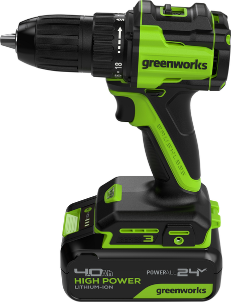 Изображение товара Аккумуляторная дрель-шуруповерт Greenworks DD345 бесщеточная 24V / 3708307CUB (с АКБ 4Ач и ЗУ)