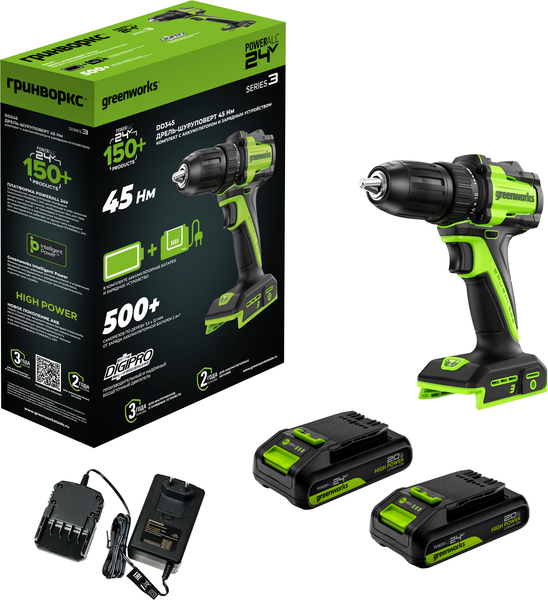 Изображение товара Аккумуляторная дрель-шуруповерт Greenworks DD345 бесщеточная 24V / 3708307CUC (с 2-мя АКБ 2Ач и ЗУ)