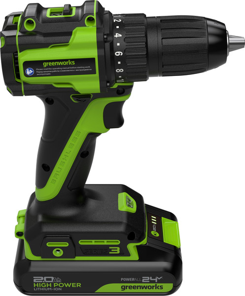 Изображение товара Аккумуляторная дрель-шуруповерт Greenworks DD345 бесщеточная 24V / 3708307CUC (с 2-мя АКБ 2Ач и ЗУ)