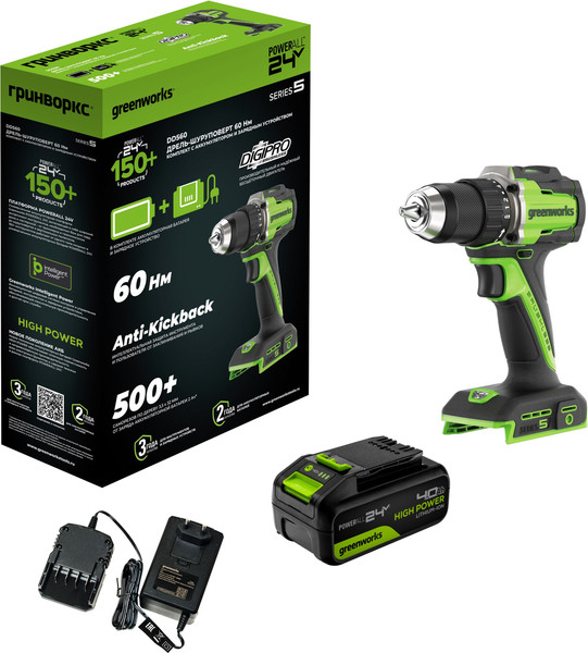 Изображение товара Аккумуляторная дрель-шуруповерт Greenworks DD560 / 3708407CUB