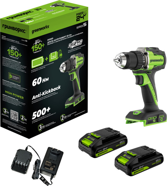 Изображение товара Аккумуляторная дрель-шуруповерт Greenworks DD560 / 3708407CUC