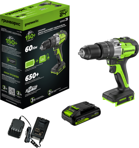 Изображение товара Аккумуляторная дрель-шуруповерт Greenworks GD24DD60 бесщеточная 24V / 3704107CUA (с АКБ 2Ач и ЗУ)
