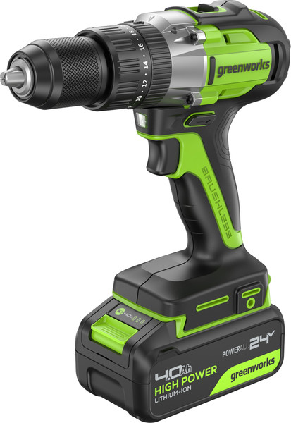 Изображение товара Аккумуляторная дрель-шуруповерт Greenworks GD24DD60 бесщеточная 24V / 3704107CUB (с АКБ 4Ач и ЗУ)