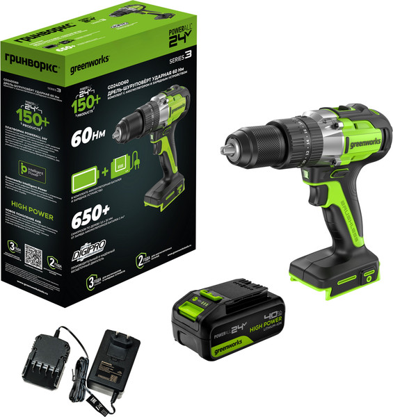 Изображение товара Аккумуляторная дрель-шуруповерт Greenworks GD24DD60 бесщеточная 24V / 3704107CUB (с АКБ 4Ач и ЗУ)