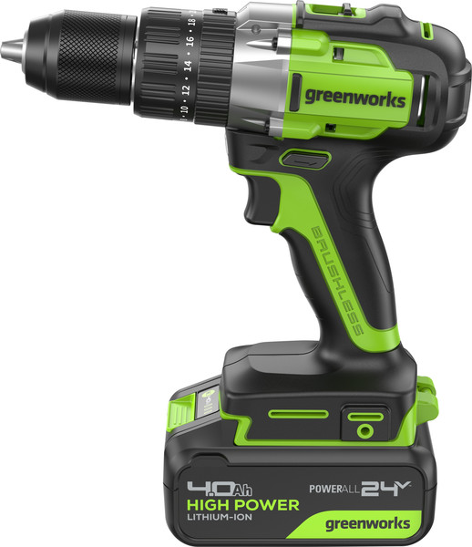 Изображение товара Аккумуляторная дрель-шуруповерт Greenworks GD24DD60 бесщеточная 24V / 3704107CUB (с АКБ 4Ач и ЗУ)