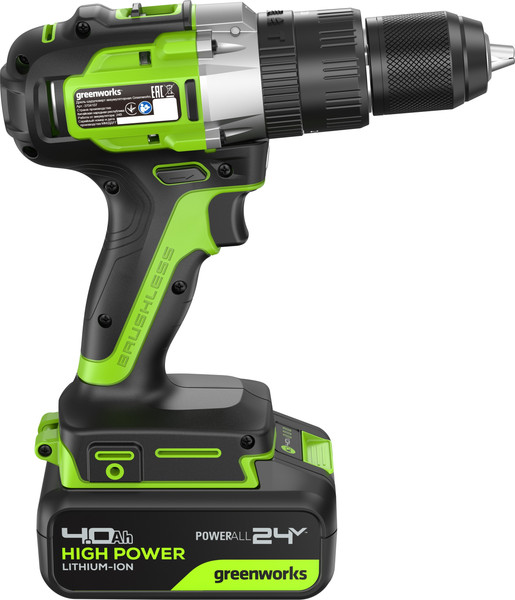 Изображение товара Аккумуляторная дрель-шуруповерт Greenworks GD24DD60 бесщеточная 24V / 3704107CUB (с АКБ 4Ач и ЗУ)