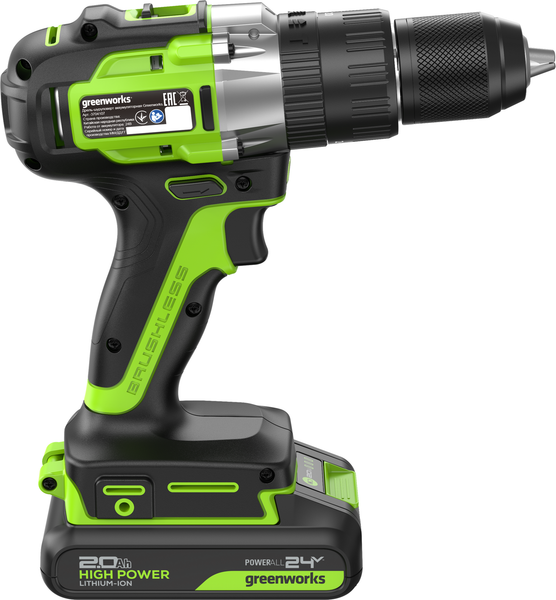 Изображение товара Аккумуляторная дрель-шуруповерт Greenworks GD24DD60 бесщеточная 24V / 3704107CUC (с 2-мя АКБ 2Ач и ЗУ)