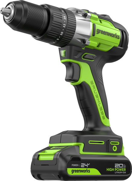 Изображение товара Аккумуляторная дрель-шуруповерт Greenworks GD24DD60 бесщеточная 24V / 3704107CUC (с 2-мя АКБ 2Ач и ЗУ)